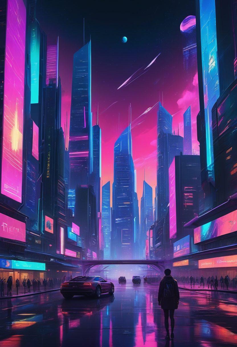 A futuristic cityscape with towering digital skyscrapers representing various adult content platforms, holographic interfaces displaying website analytics, and virtual avatars engaging in online interactions. The background should include a digital galaxy, symbolizing the vast space of the internet. The overall mood should be thought-provoking yet neutral, emphasizing the exploratory nature of the blog. cyberpunk. vibrant colors. semi-realistic.